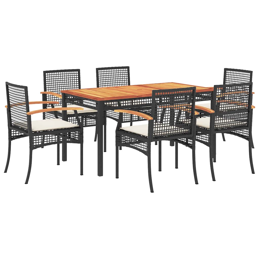 7-dijelni vrtni blagovaonski set s jastucima crni od poliratana Crna 140 cm table length