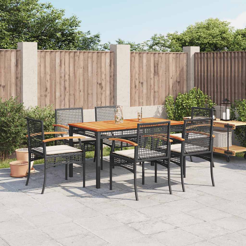 7-dijelni vrtni blagovaonski set s jastucima crni od poliratana Crna 140 cm table length