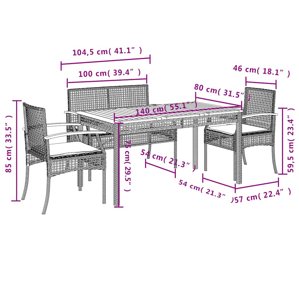 4-dijelni vrtni blagovaonski set od poliratana s jastucima crni Crna 140 cm table length