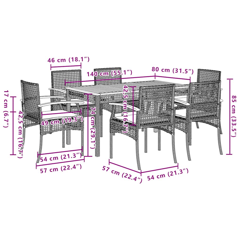 7-dijelni vrtni blagovaonski set sivi od poliratana Siva 140 cm table length