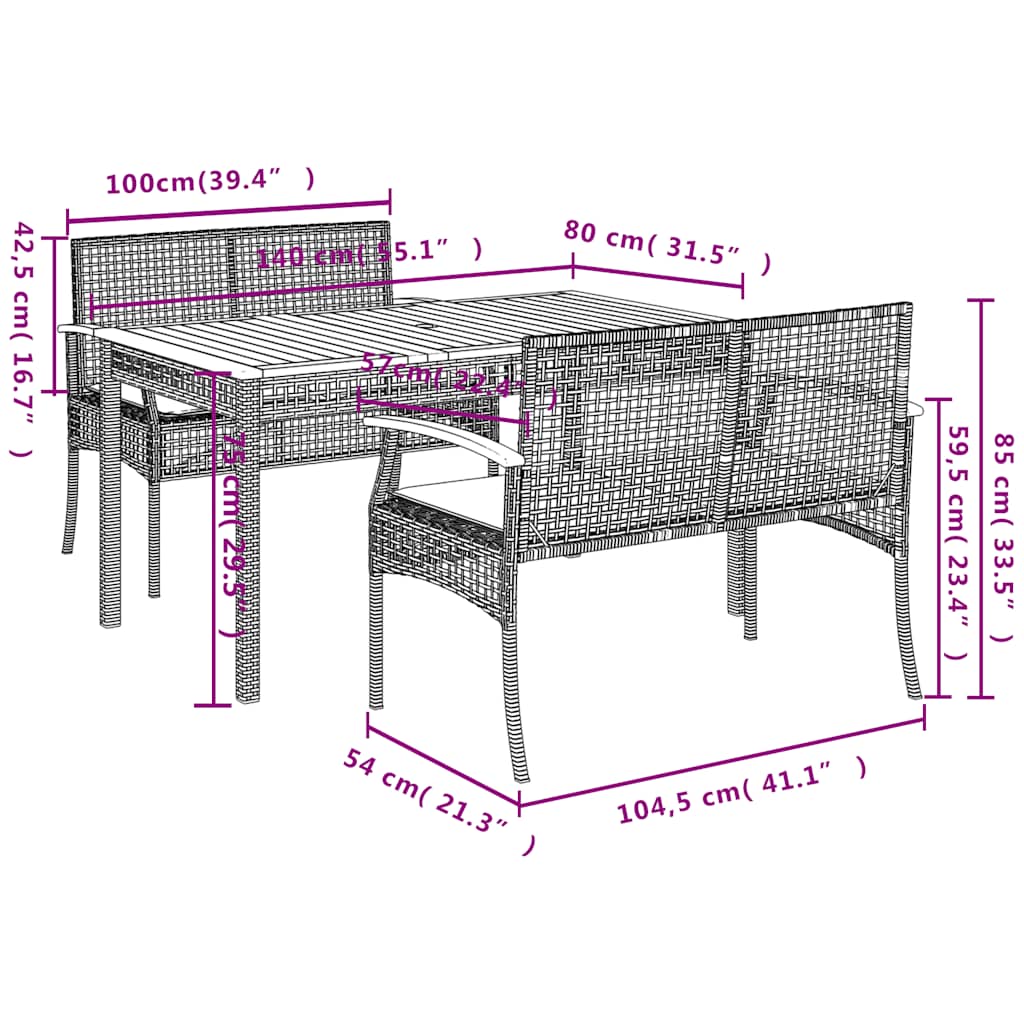 3-dijelni vrtni blagovaonski set od poliratana s jastucima bež 140 cm table length