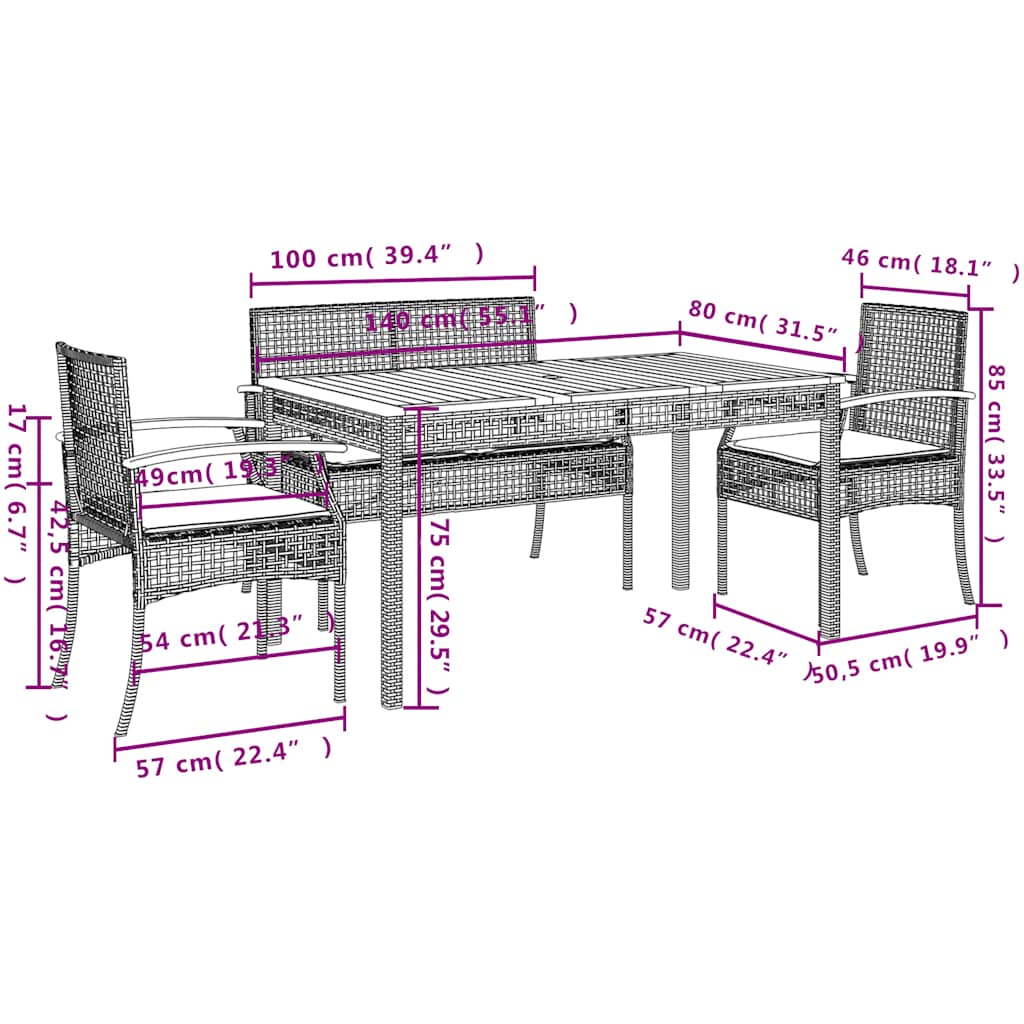 5-dijelni vrtni blagovaonski set od poliratana s jastucima bež 140 cm table length