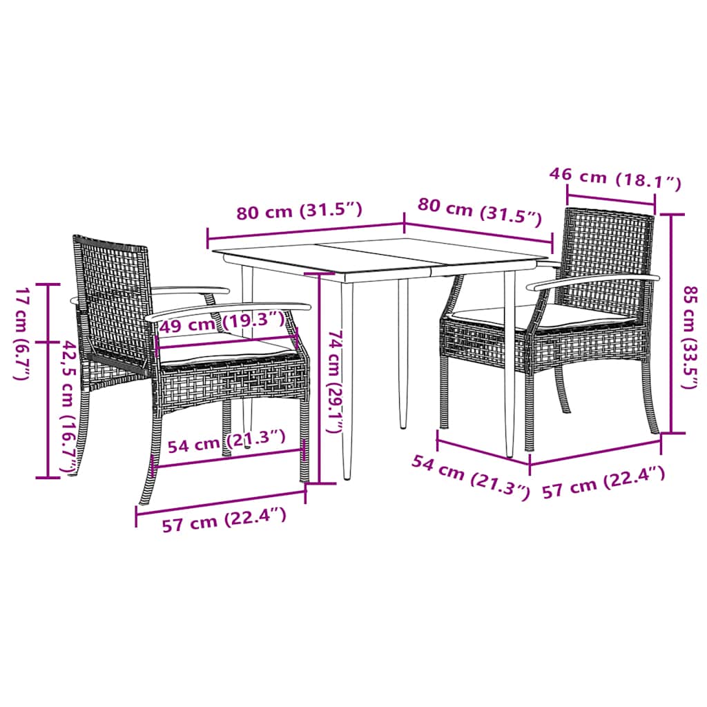 3-dijelni vrtni blagovaonski set s jastucima od poliratana crni Crna 80 x 80 x 74 cm