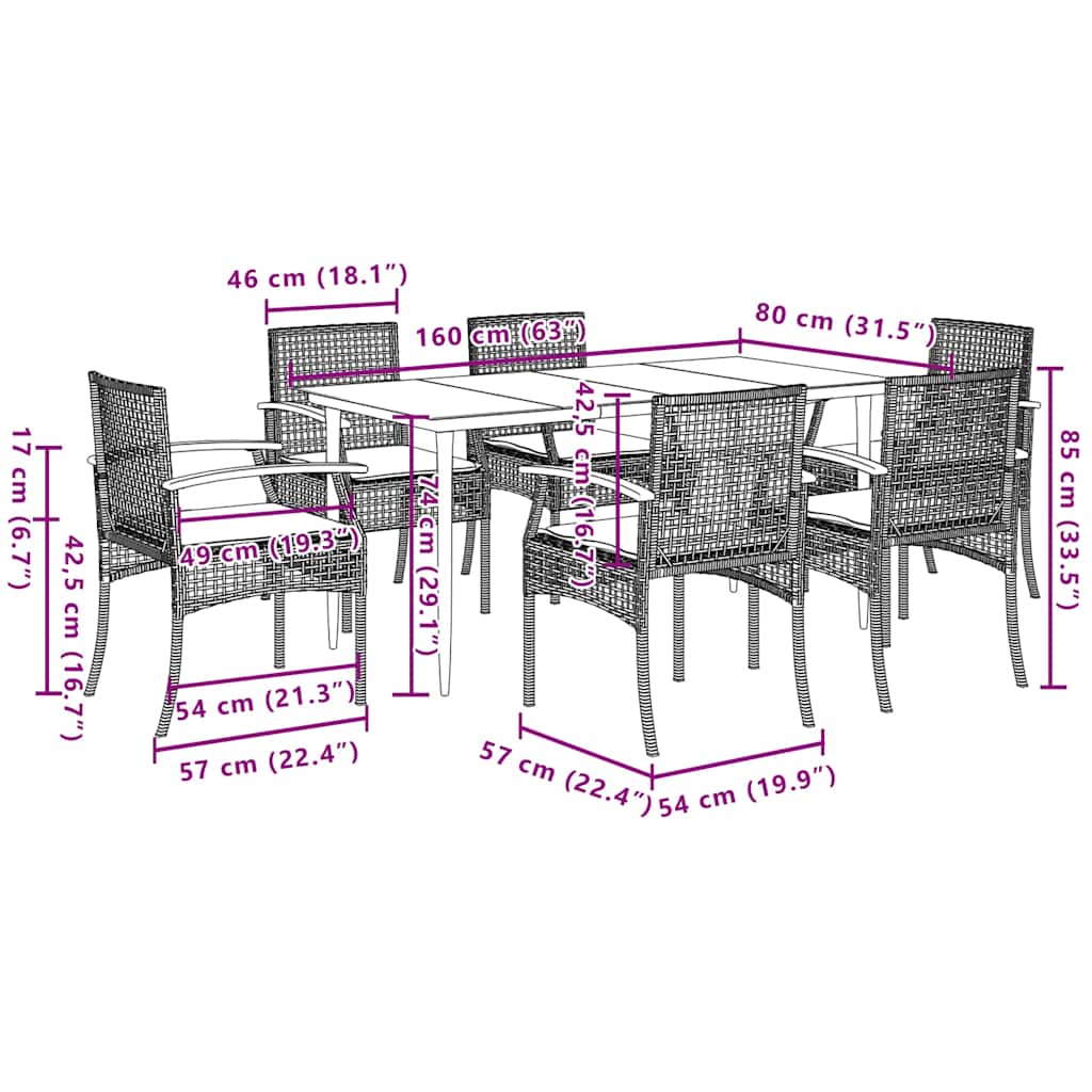 7-dijelni vrtni blagovaonski set sivi od poliratana Siva 160 x 80 x 74 cm