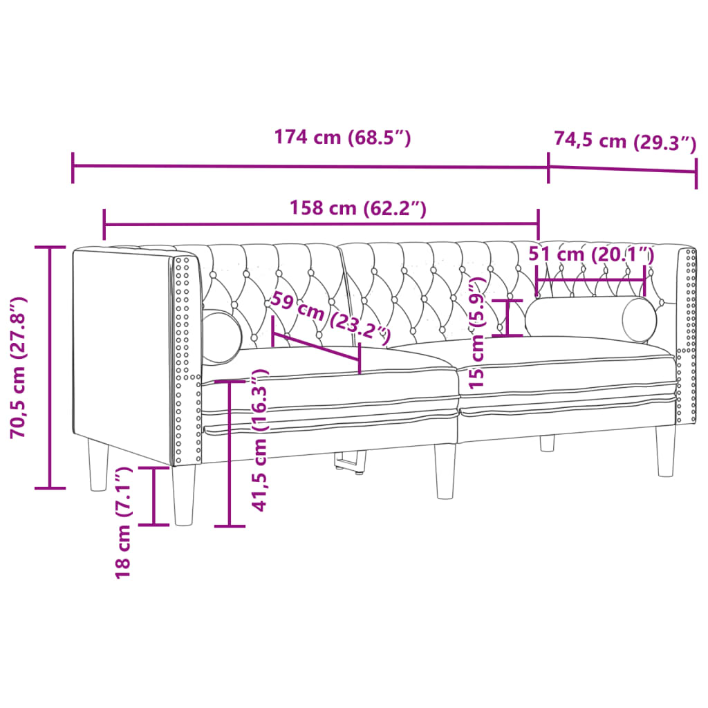 Chesterfield sofa s jastucima za 2 osobe, ružičasti baršun