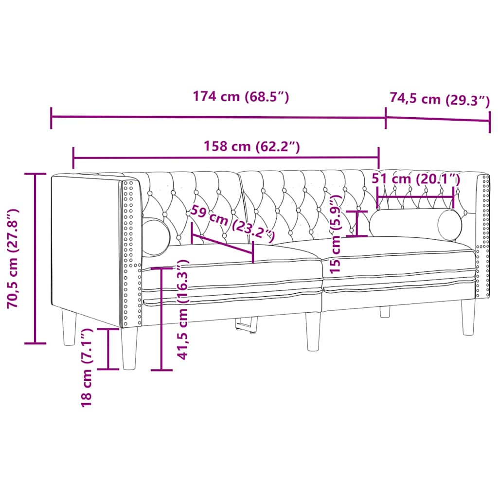 Chesterfield sofa s jastucima za 2 osobe, žuti baršun