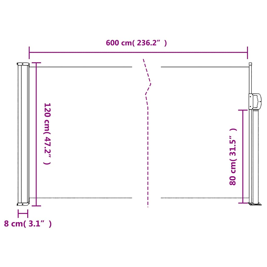 Uvlačiva bočna tenda 120 x 600 cm crvena