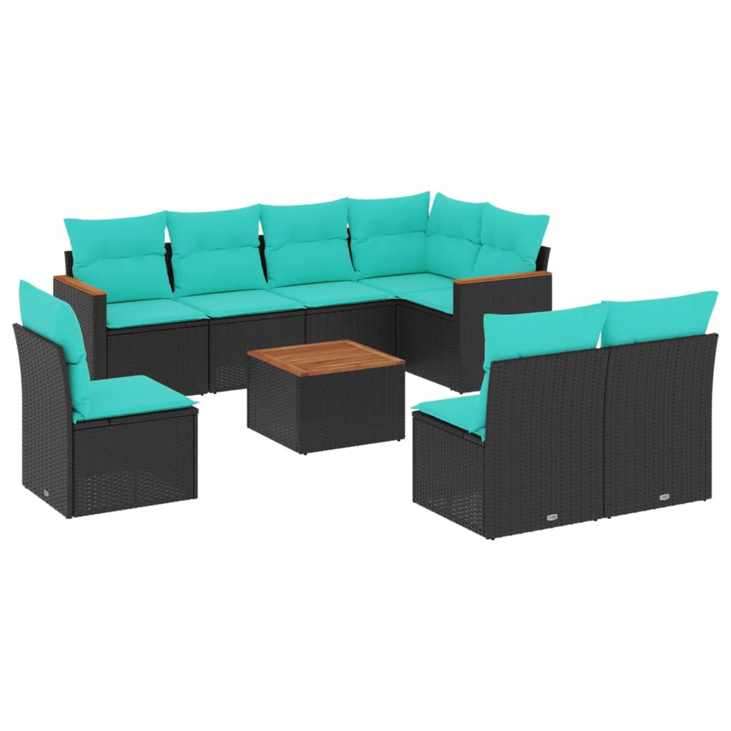 Vrtni set od 9 dijelova s jastucima, crni poliratan Black and blue