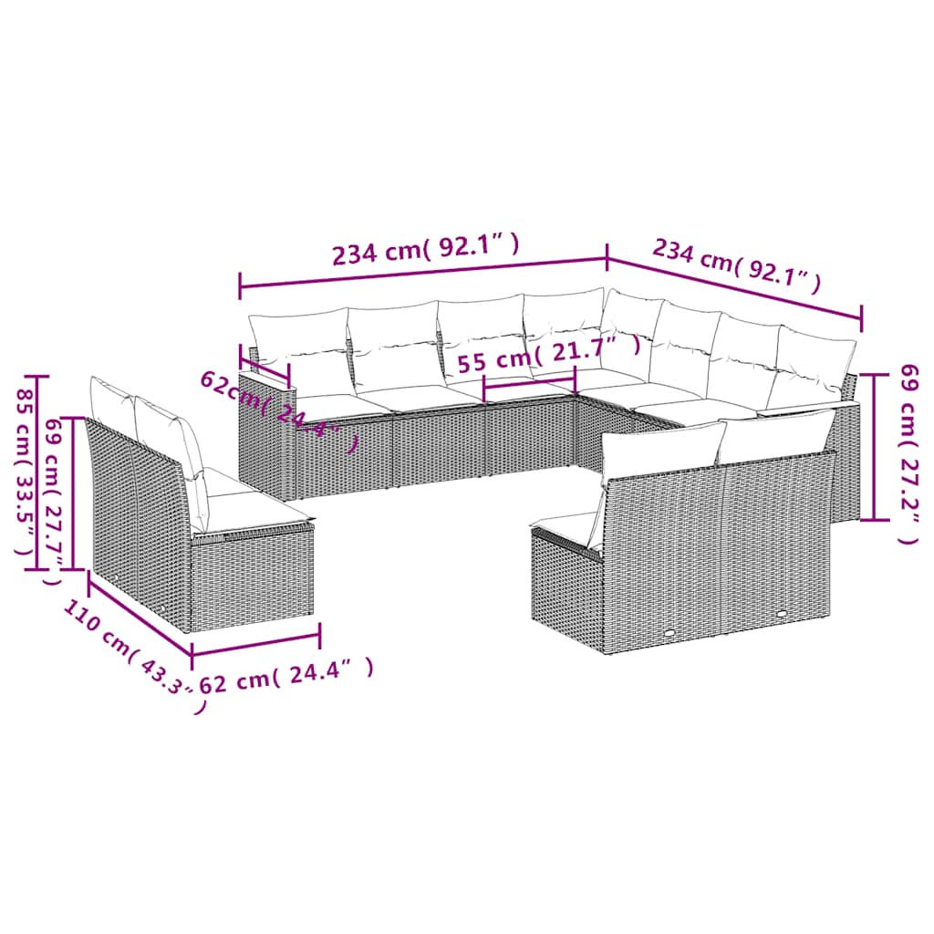 11-dijelni set vrtnih sofa od poliratana s jastucima crni Crna 62 x 62 x 69 cm