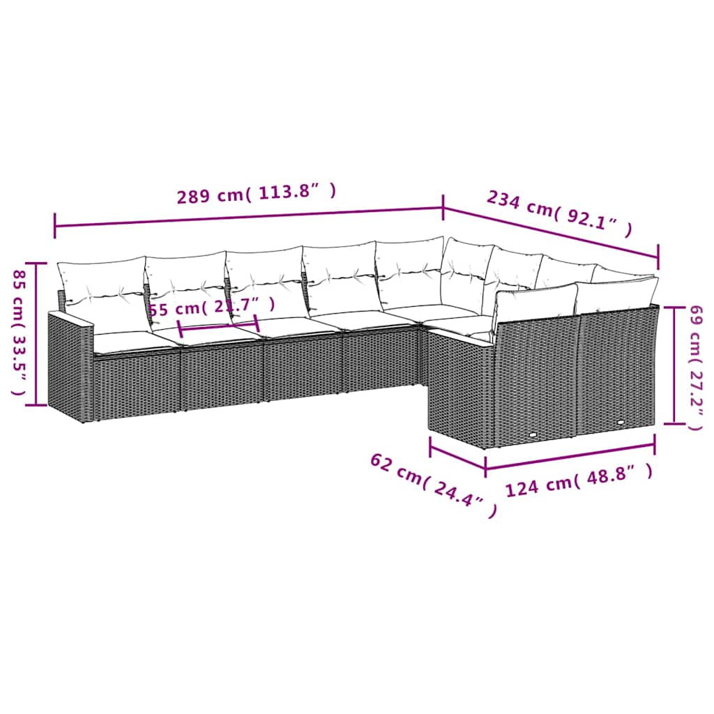 9-dijelni set vrtnih sofa s jastucima crni od poliratana Crna 62 x 62 x 69 cm
