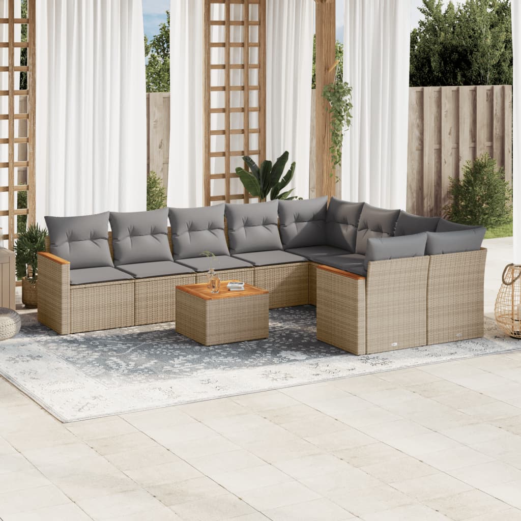 10-dijelni set vrtnih sofa s jastucima bež od poliratana 62 x 62 x 69 cm