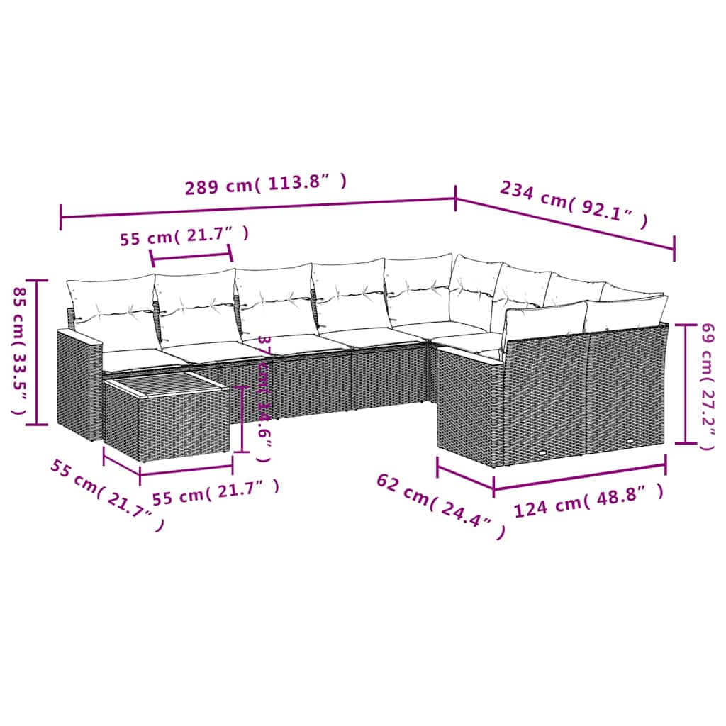 10-dijelni set vrtnih sofa s jastucima crni od poliratana Crna 62 x 62 x 69 cm