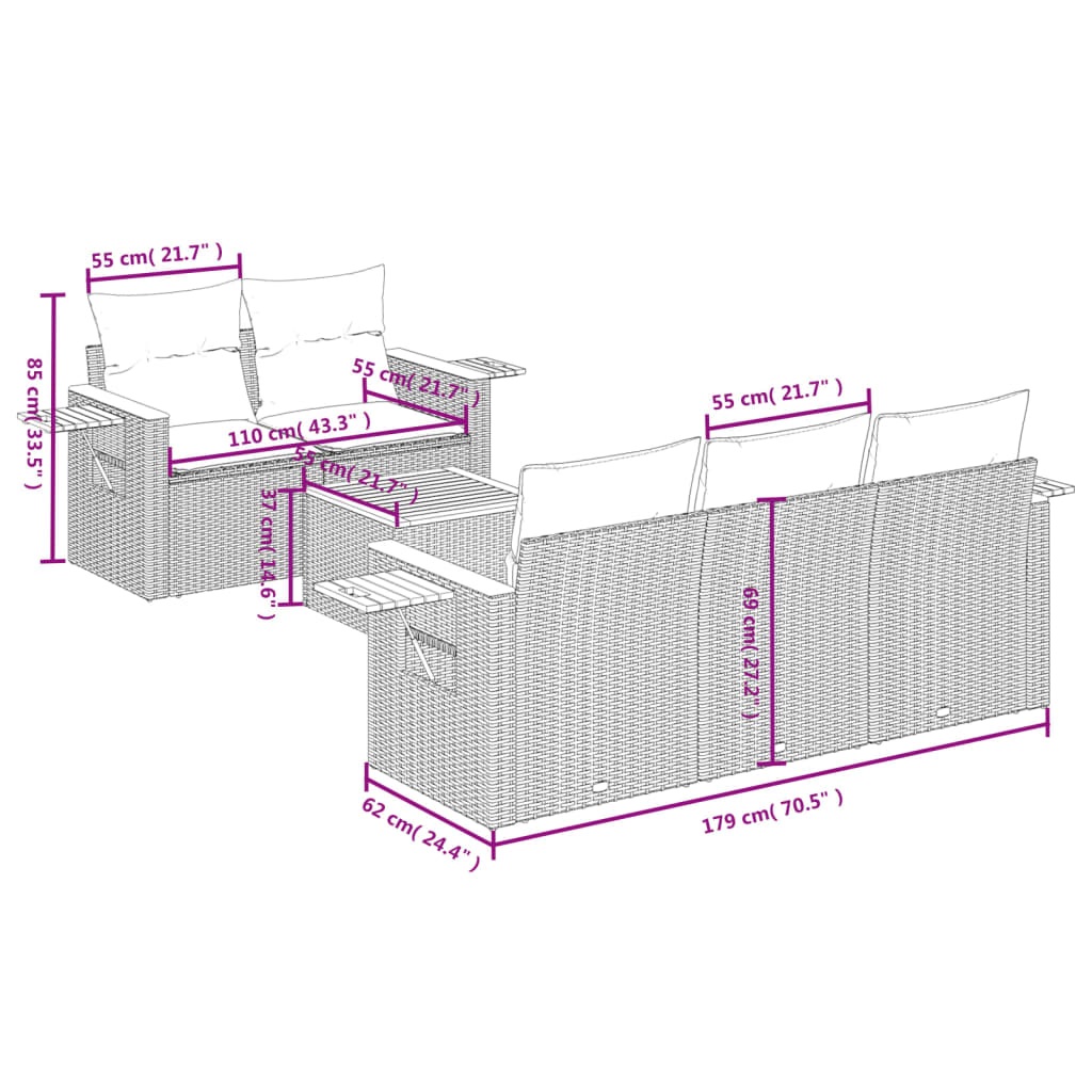 6-dijelni set vrtnih sofa s jastucima bež od poliratana 85 x 62 x 69 cm