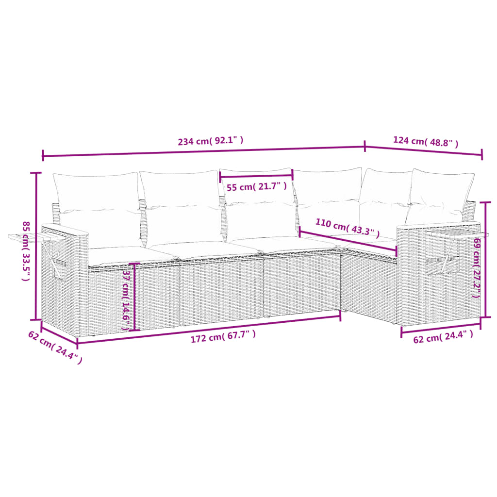 5-dijelni set vrtnih sofa od poliratana s jastucima crni