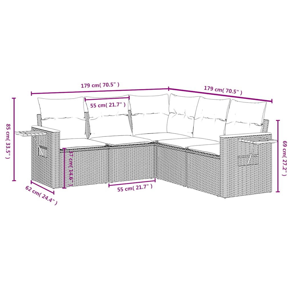 5-dijelna vrtna garnitura od poliratana s jastucima crna 85 x 62 x 69 cm