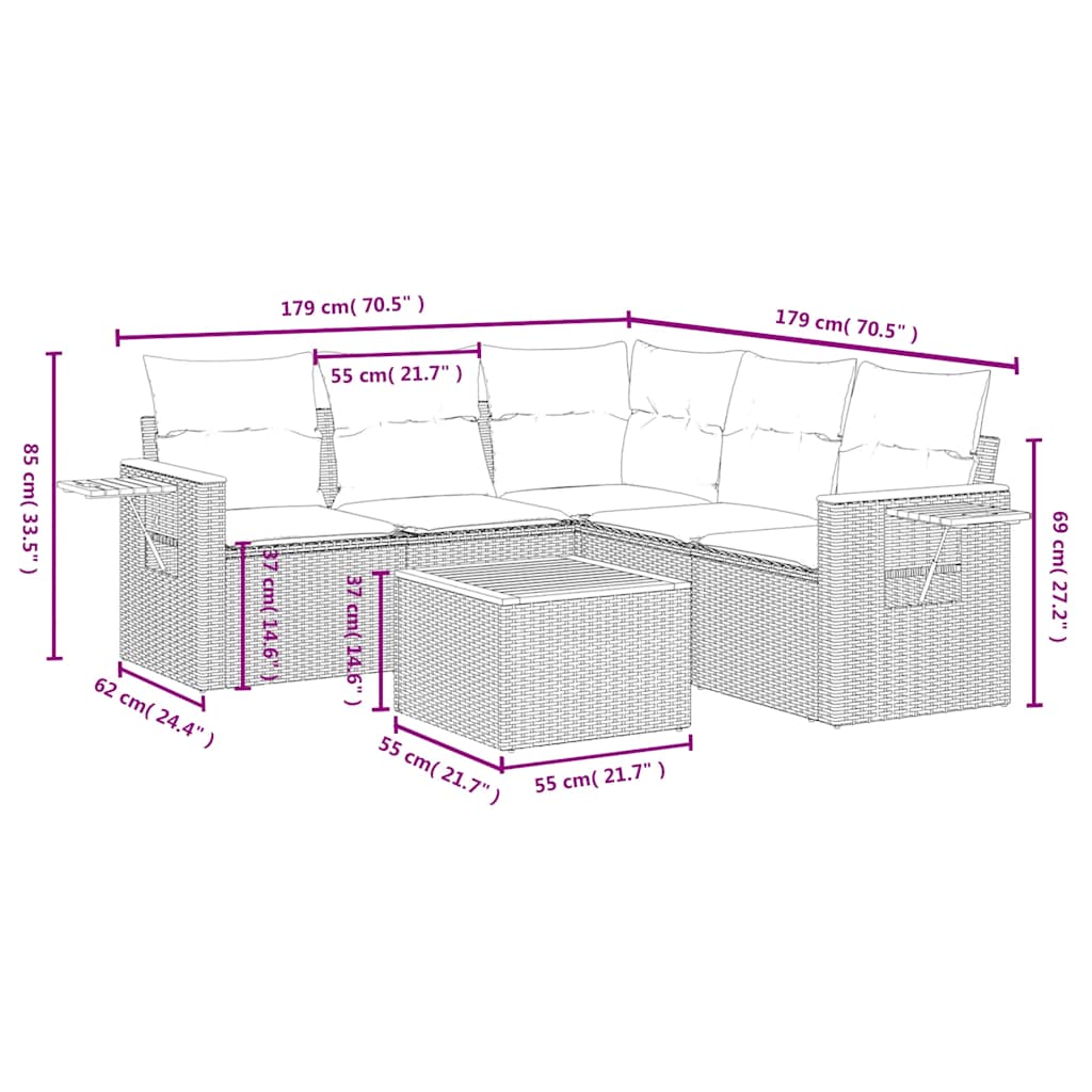 6-dijelni set vrtnih sofa s jastucima crni od poliratana Crna 85 x 62 x 69 cm