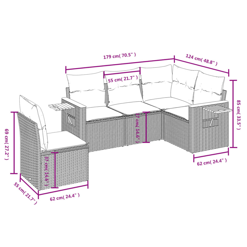 5-dijelni set vrtnih sofa od poliratana s jastucima crni