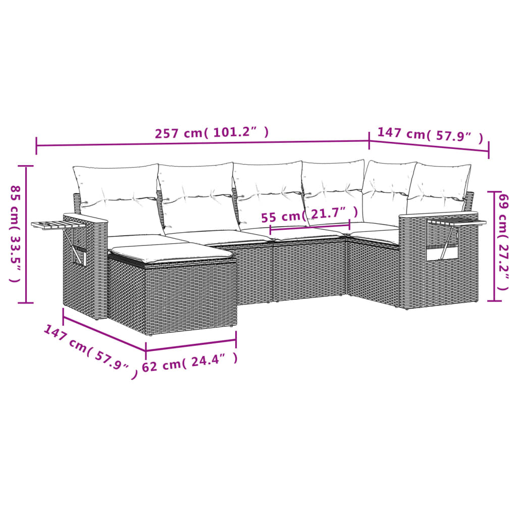 6-dijelni set vrtnih sofa s jastucima bež od poliratana 85 x 62 x 69 cm