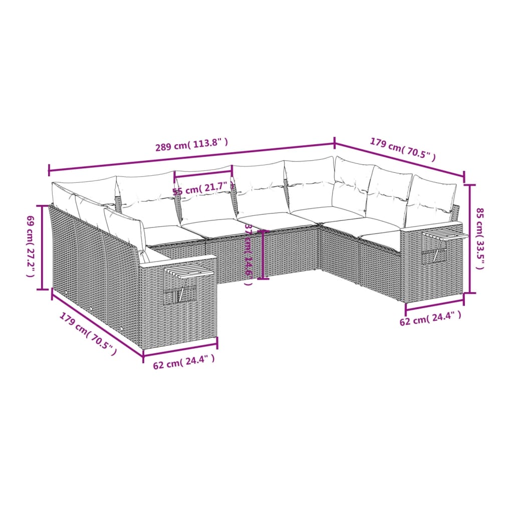 9-dijelni set vrtnih sofa s jastucima bež od poliratana 85 x 62 x 69 cm