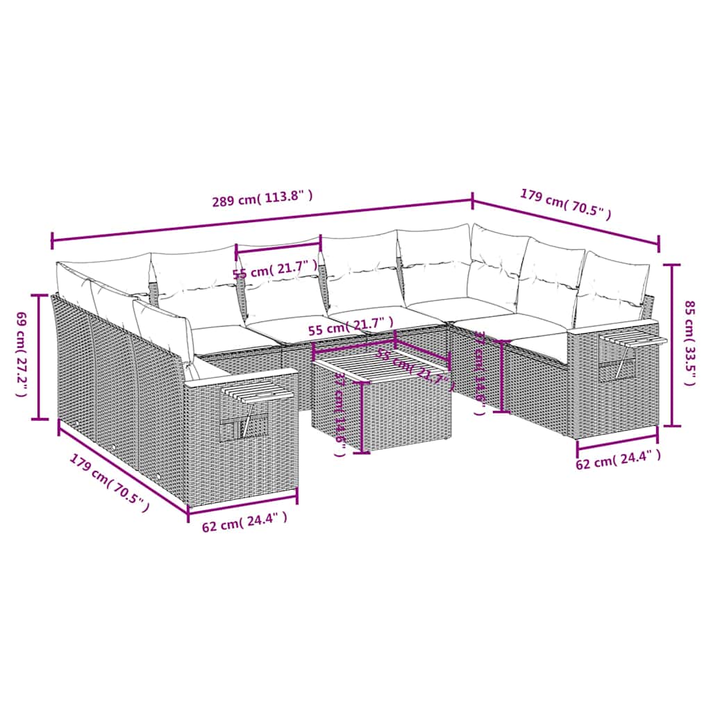 10-dijelni set vrtnih sofa od poliratana s jastucima sivi Siva 85 x 62 x 69 cm