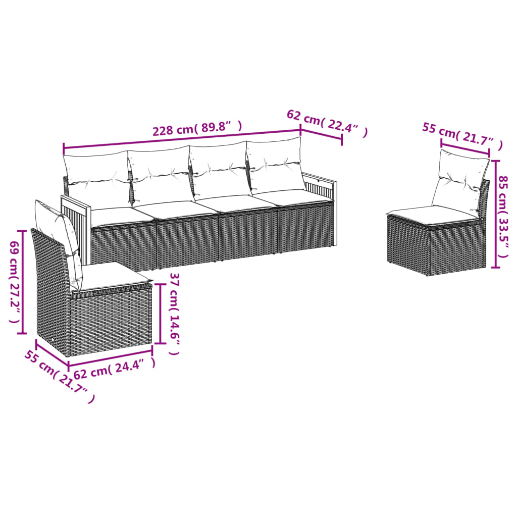 6-dijelni set vrtnih sofa s jastucima crni od poliratana Crna 59 x 62 x 69 cm