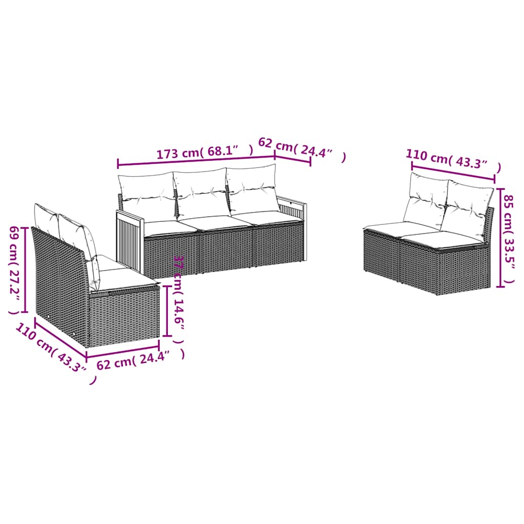 7-dijelni set vrtnih sofa od poliratana s jastucima crni Crna 59 x 62 x 69 cm