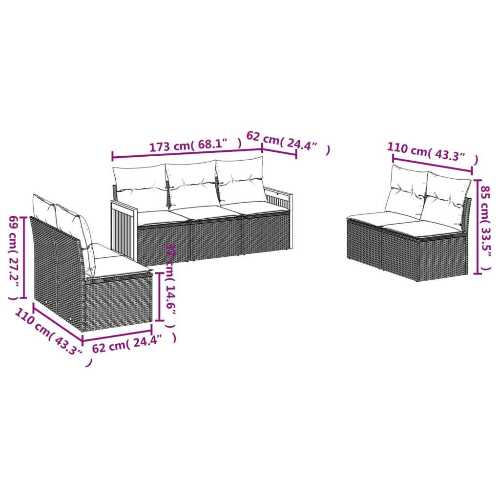 7-dijelni set vrtnih sofa od poliratana s jastucima crni Crna 59 x 62 x 69 cm