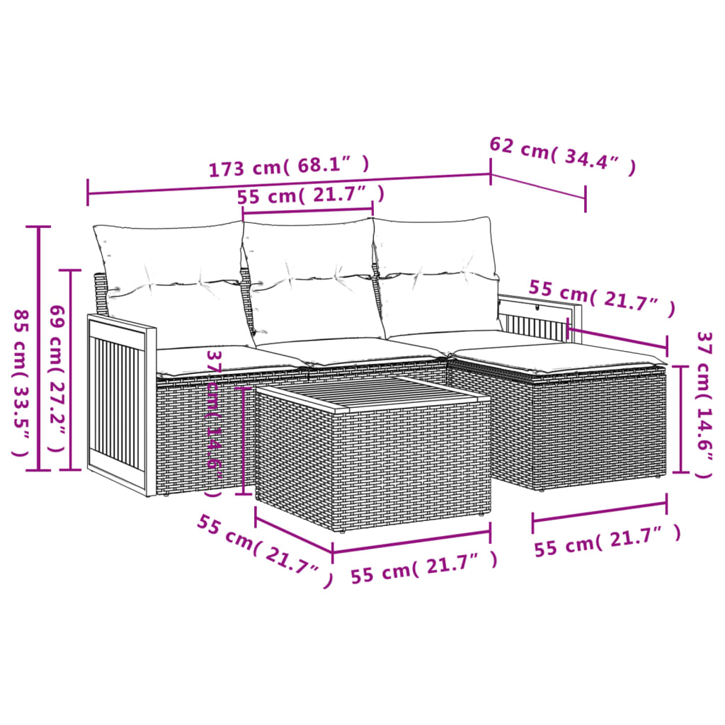 5-dijelni vrtni set sofa s jastucima bež od poliratana 59 x 62 x 69 cm
