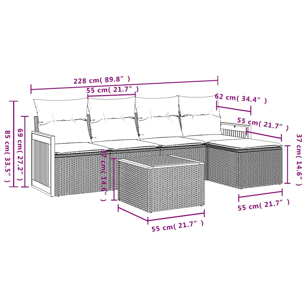 6-dijelni set vrtnih sofa s jastucima crni od poliratana Crna 59 x 62 x 69 cm
