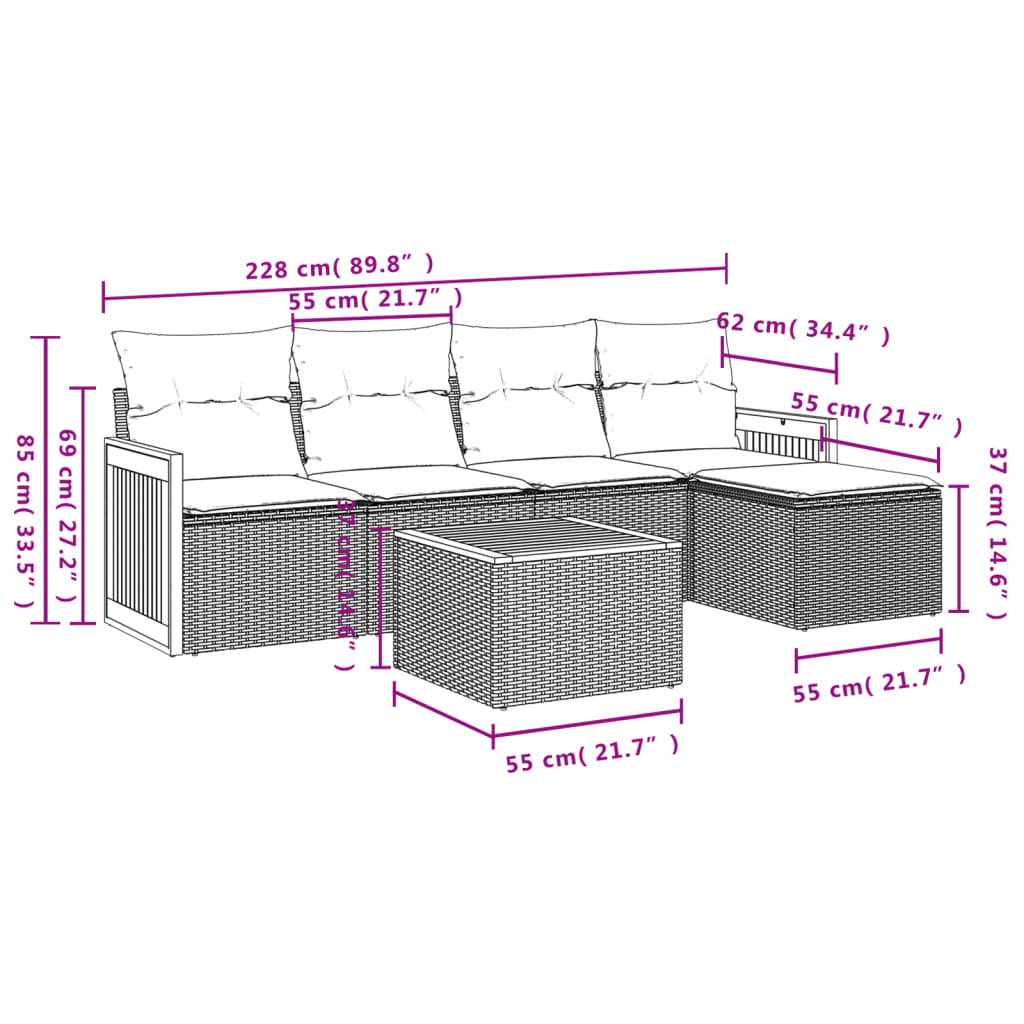 6-dijelni set vrtnih sofa s jastucima bež od poliratana 59 x 62 x 69 cm
