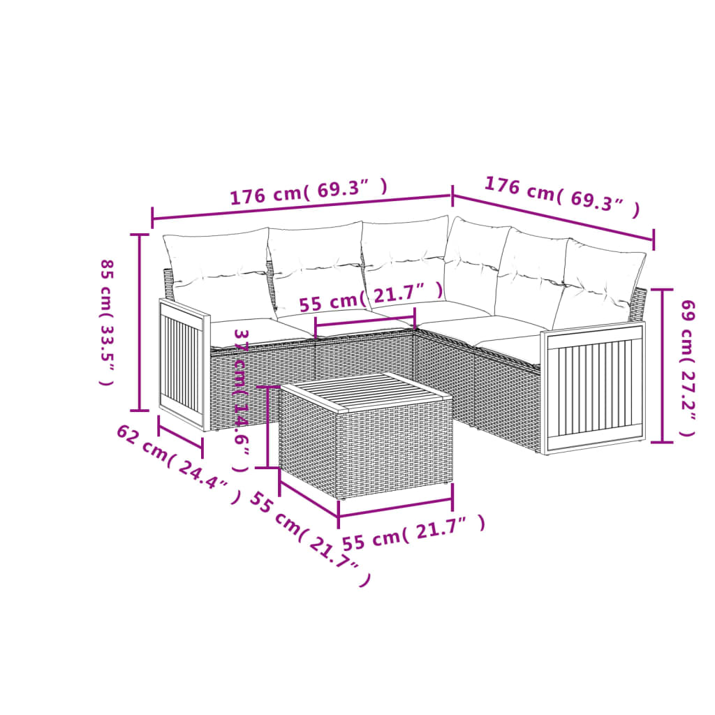 6-dijelni set vrtnih sofa s jastucima bež od poliratana 62 x 62 x 69 cm