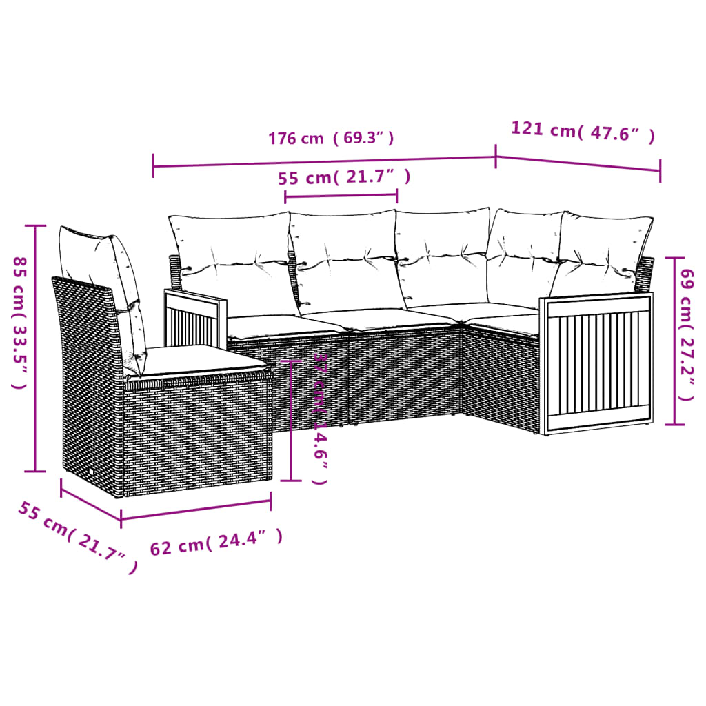 5-dijelna vrtna garnitura od poliratana s jastucima crna 62 x 62 x 69 cm