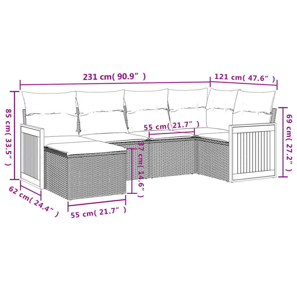 6-dijelni set vrtnih sofa s jastucima crni od poliratana Crna 62 x 62 x 69 cm
