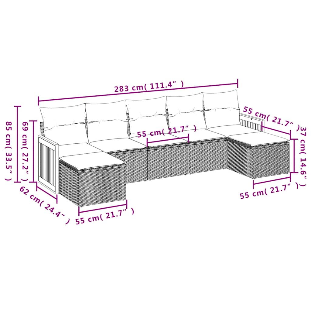 7-dijelni set vrtnih sofa od poliratana s jastucima crni Crna 59 x 62 x 69 cm
