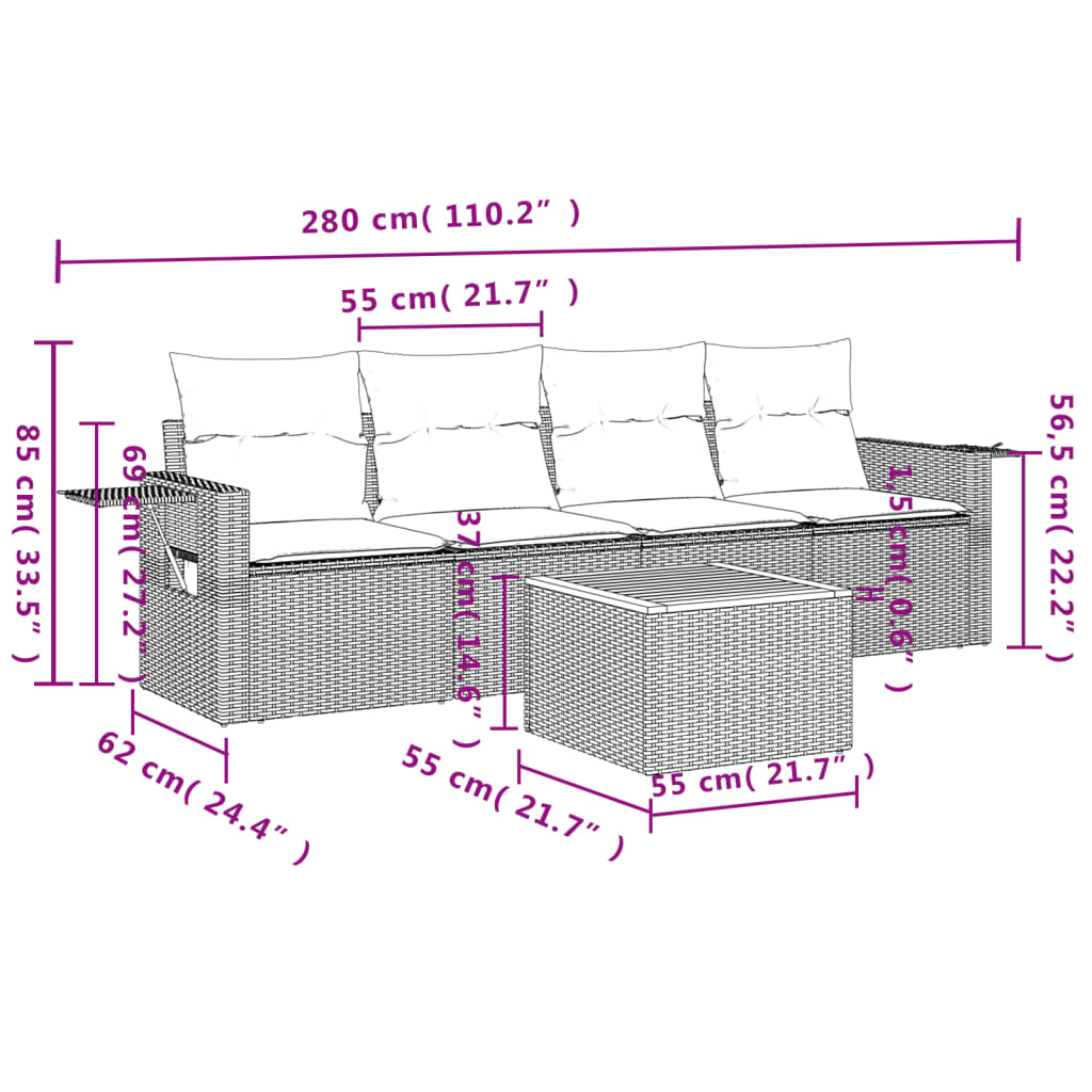 5-dijelni vrtni set sofa s jastucima bež od poliratana 55 x 55 x 37 cm