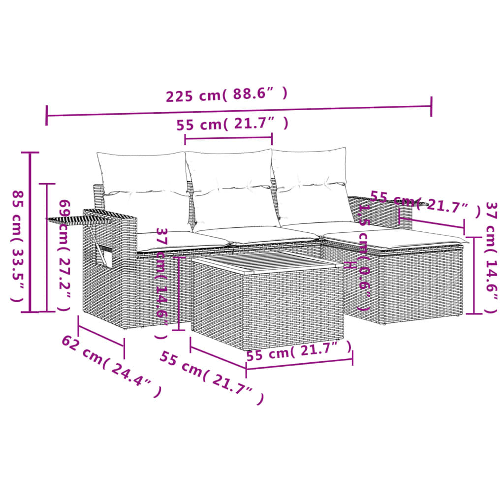5-dijelni vrtni set sofa s jastucima bež od poliratana 55 x 55 x 37 cm