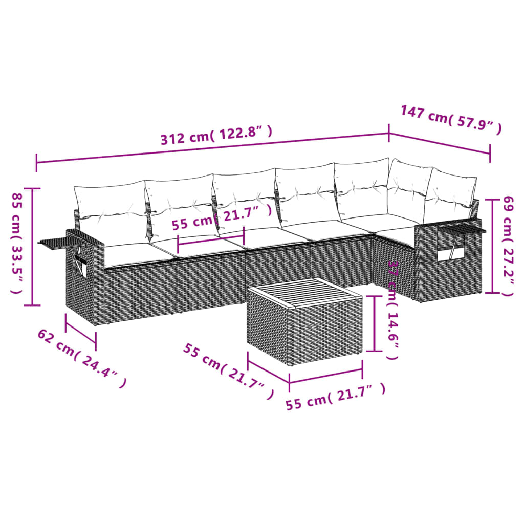 7-dijelni set vrtnih sofa od poliratana s jastucima crni Crna 62 x 62 x 69 cm