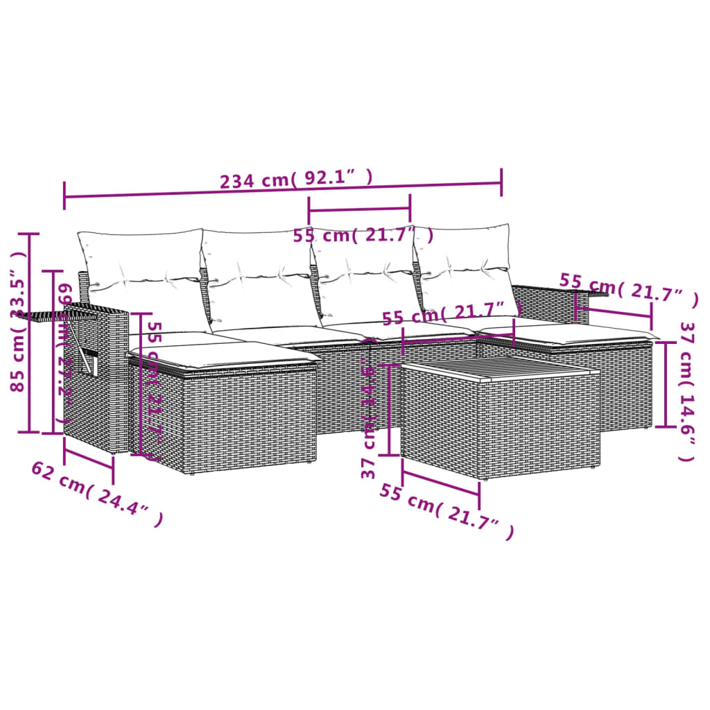 7-dijelni set vrtnih sofa od poliratana s jastucima bež 62 x 62 x 69 cm
