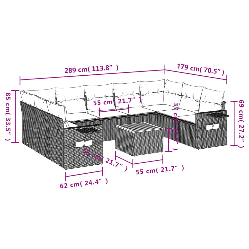 10-dijelni set vrtnih sofa s jastucima bež od poliratana 62 x 62 x 69 cm