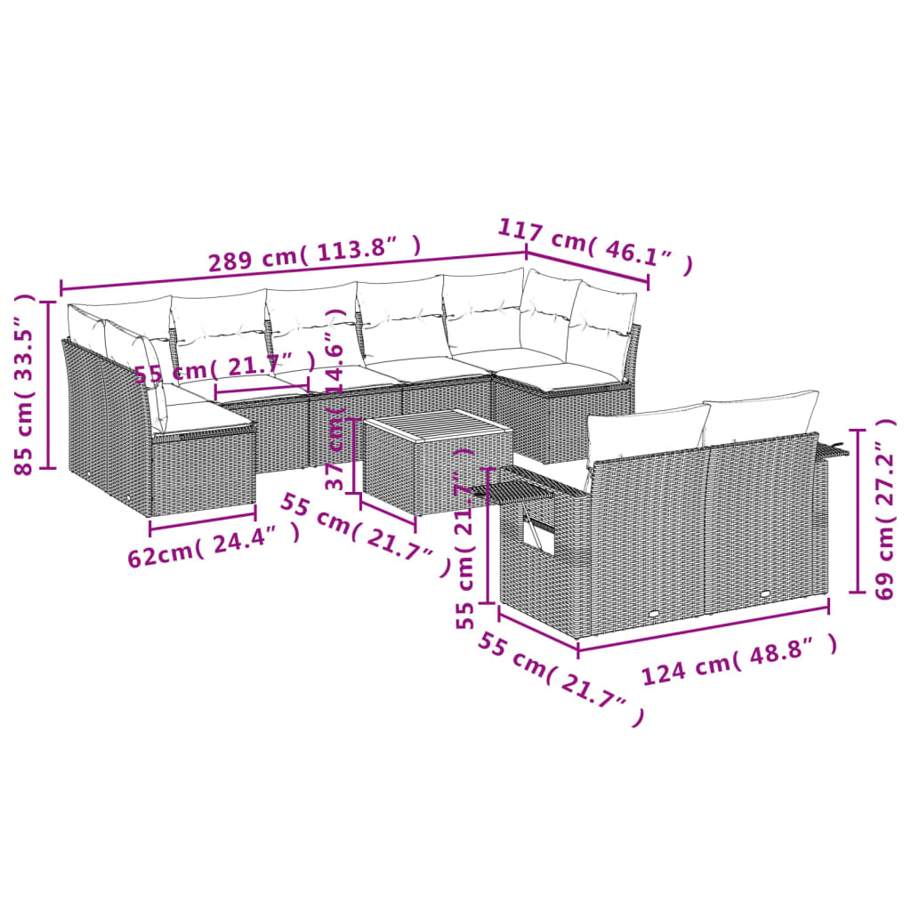 10-dijelni set vrtnih sofa s jastucima crni od poliratana Crna 62 x 62 x 69 cm