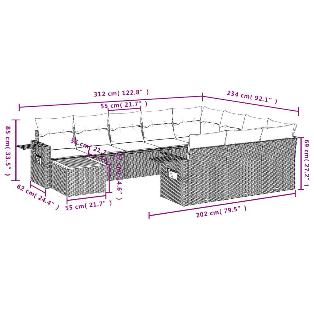 11-dijelni set vrtnih sofa od poliratana s jastucima crni Crna 62 x 62 x 69 cm