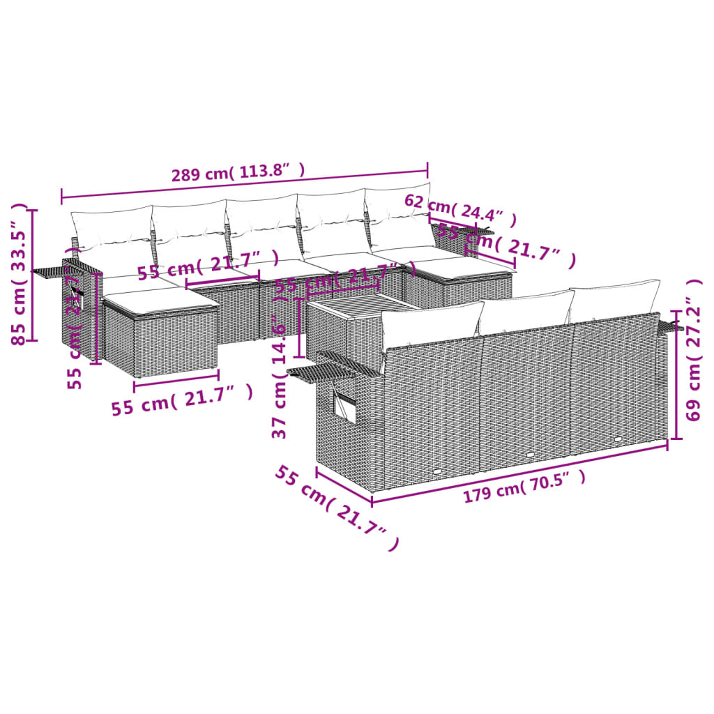 11-dijelni set vrtnih sofa od poliratana s jastucima crni Crna 62 x 62 x 69 cm