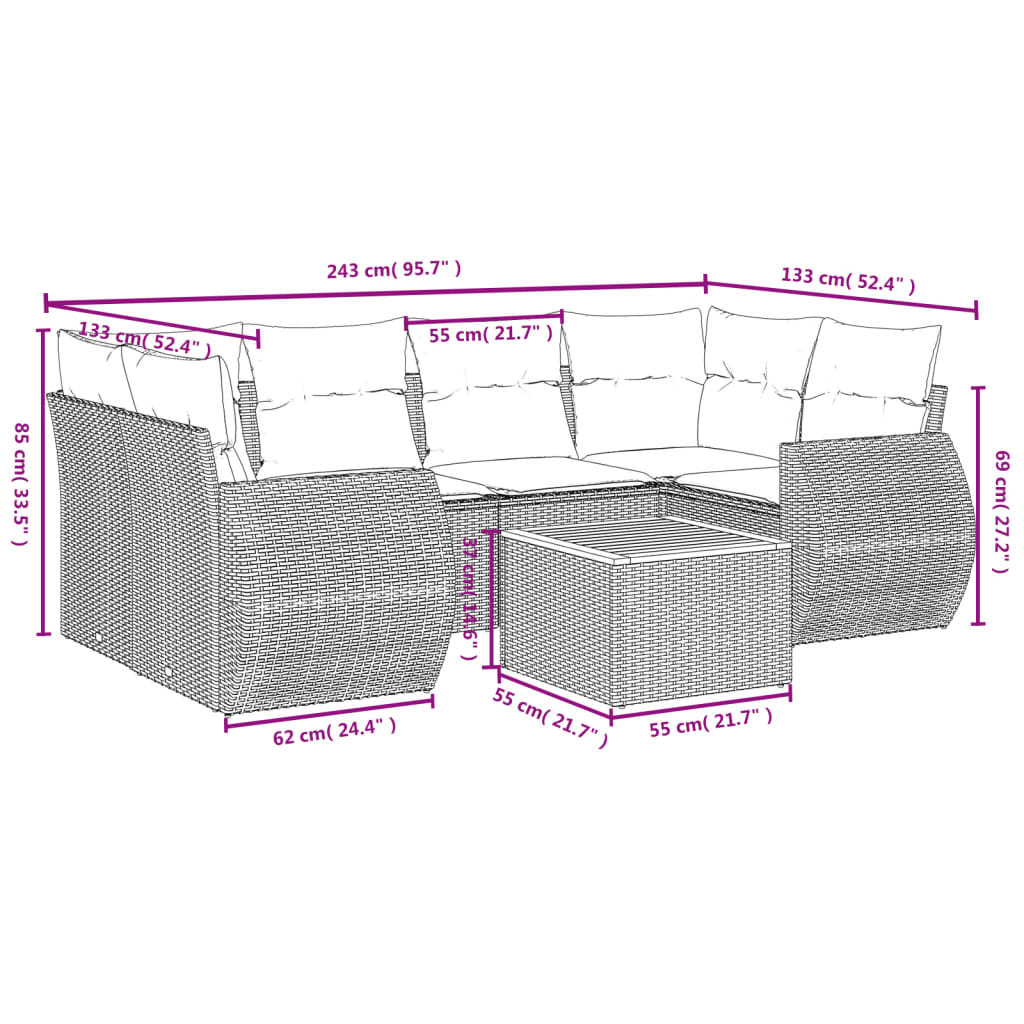 7-dijelni set vrtnih sofa od poliratana s jastucima bež 70 x 62 x 69 cm