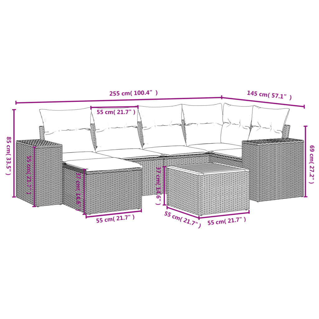 7-dijelni set vrtnih sofa od poliratana s jastucima bež 83 x 62 x 69 cm