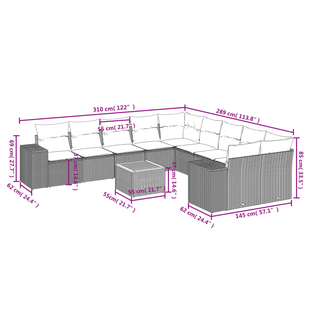 11-dijelni set vrtnih sofa od poliratana s jastucima crni Crna 83 x 62 x 69 cm