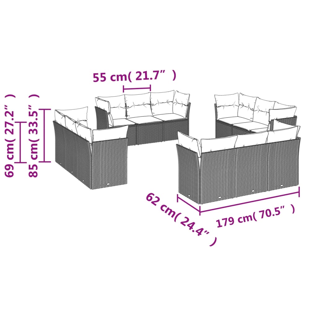 12-dijelni set vrtnih sofa od poliratana s jastucima crni