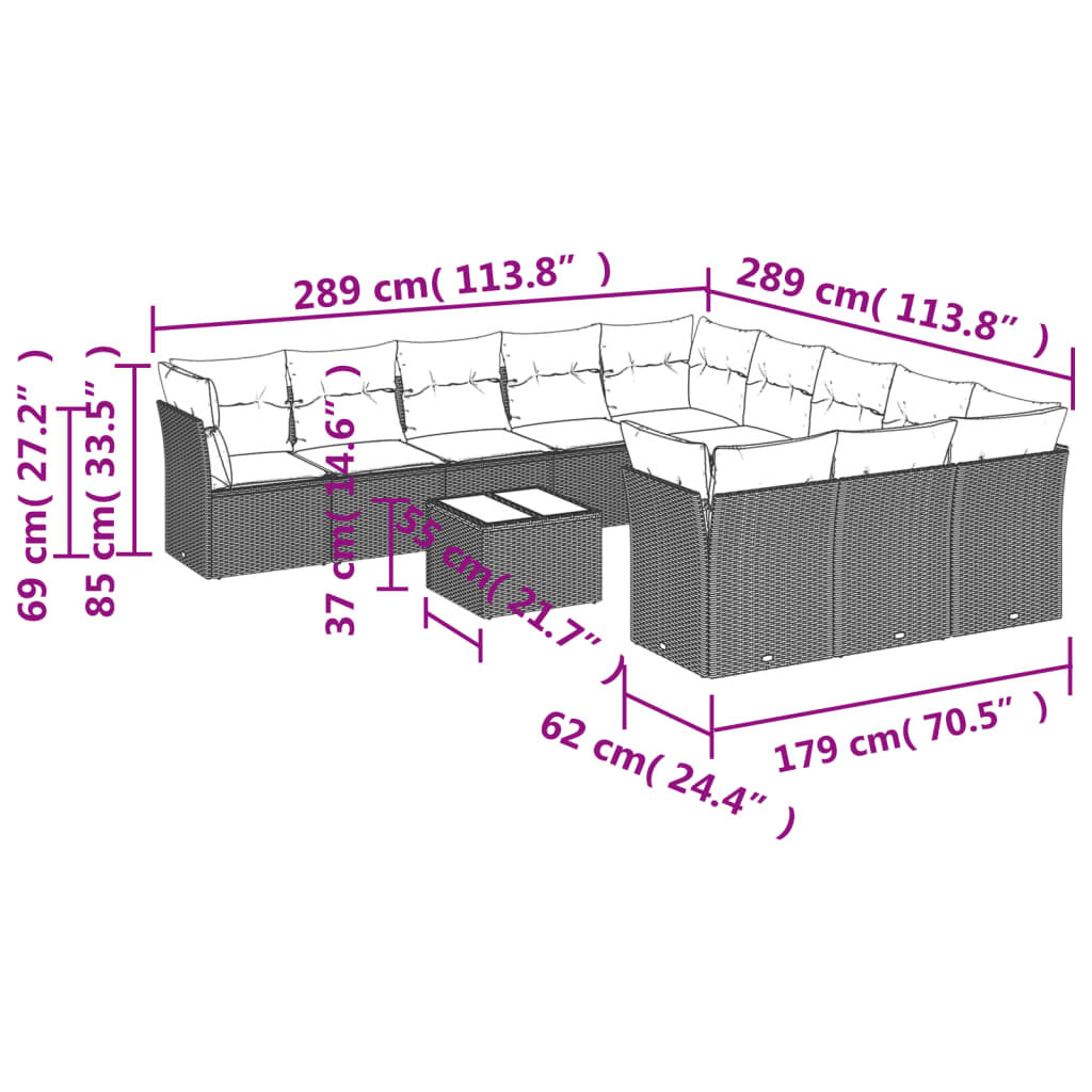 12-dijelni set vrtnih sofa od poliratana s jastucima crni