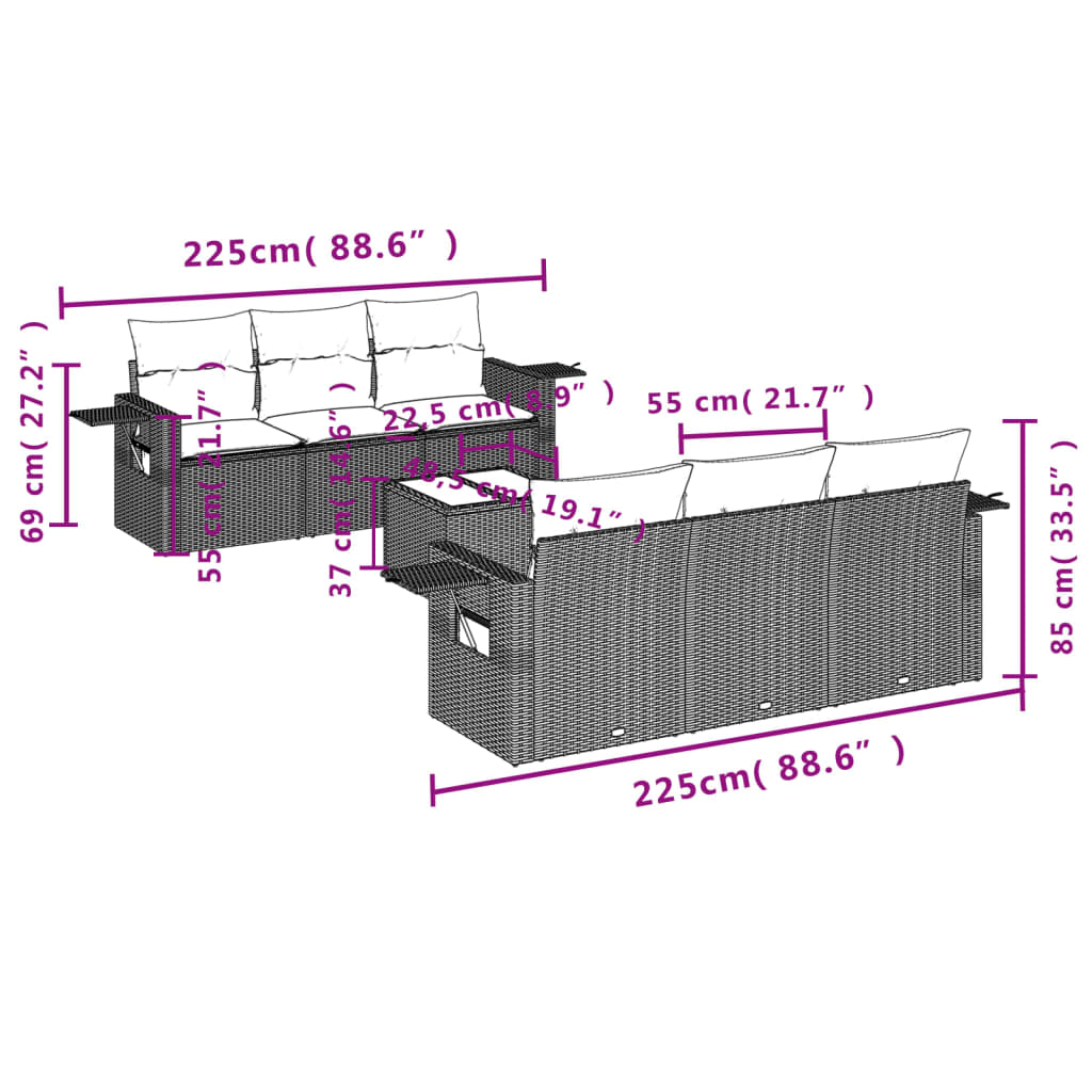 7-dijelni set vrtnih sofa od poliratana s jastucima bež 85 x 62 x 69 cm