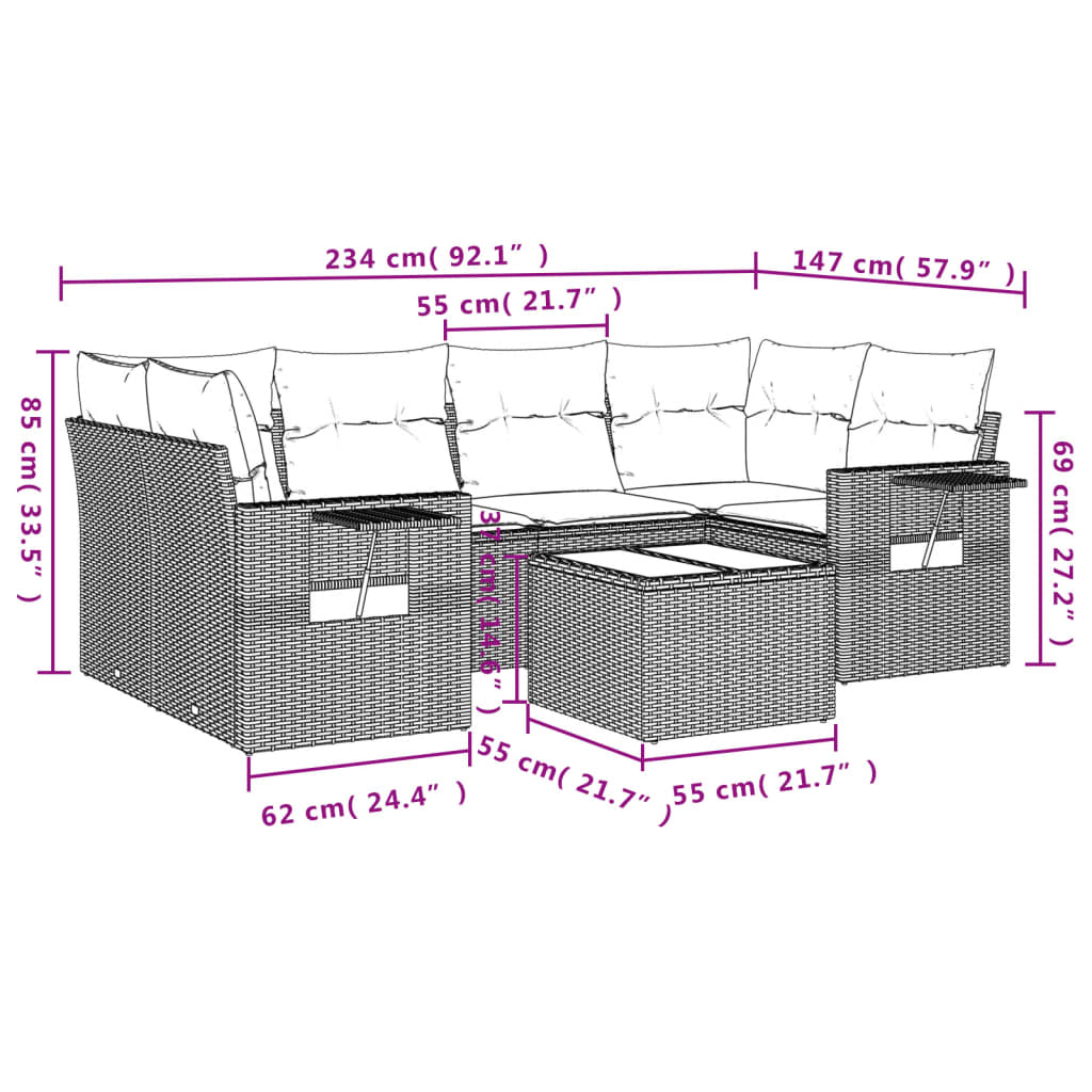 7-dijelni set vrtnih sofa od poliratana s jastucima bež 85 x 62 x 69 cm