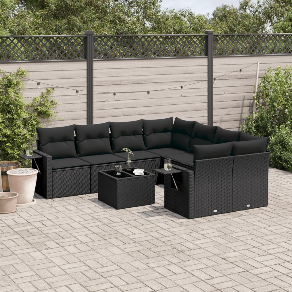 9-dijelni set vrtnih sofa s jastucima crni od poliratana Crna 85 x 62 x 69 cm